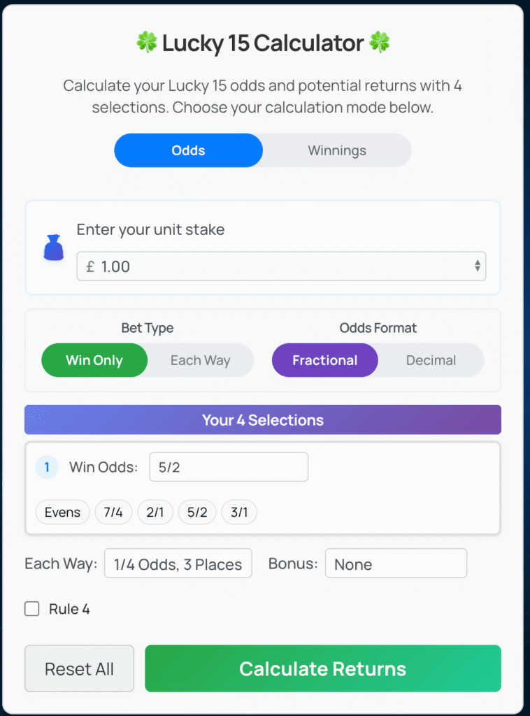 Lucky 15 Calculator