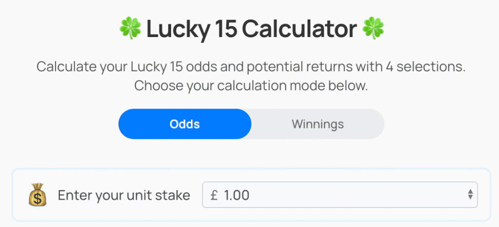 Odds vs Winnings & Unit Stake on Lucky 15 Calculator