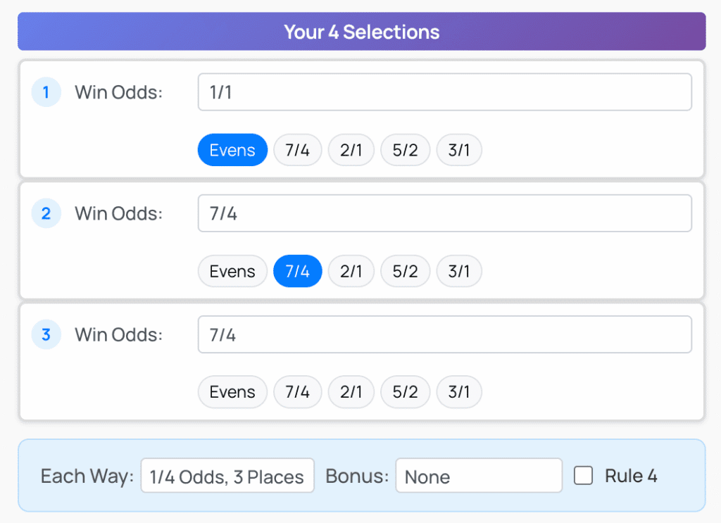 Bet Selections and Rule of 4 and Bonuses for Lucky 15