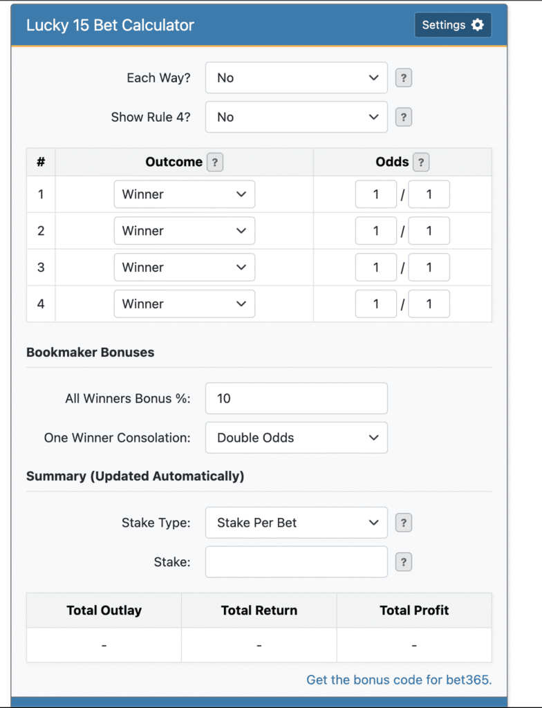 AceOdds Lucky 15 Calculator
