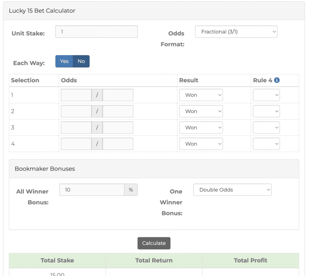 Odds Monkey Lucky 15 Calculator