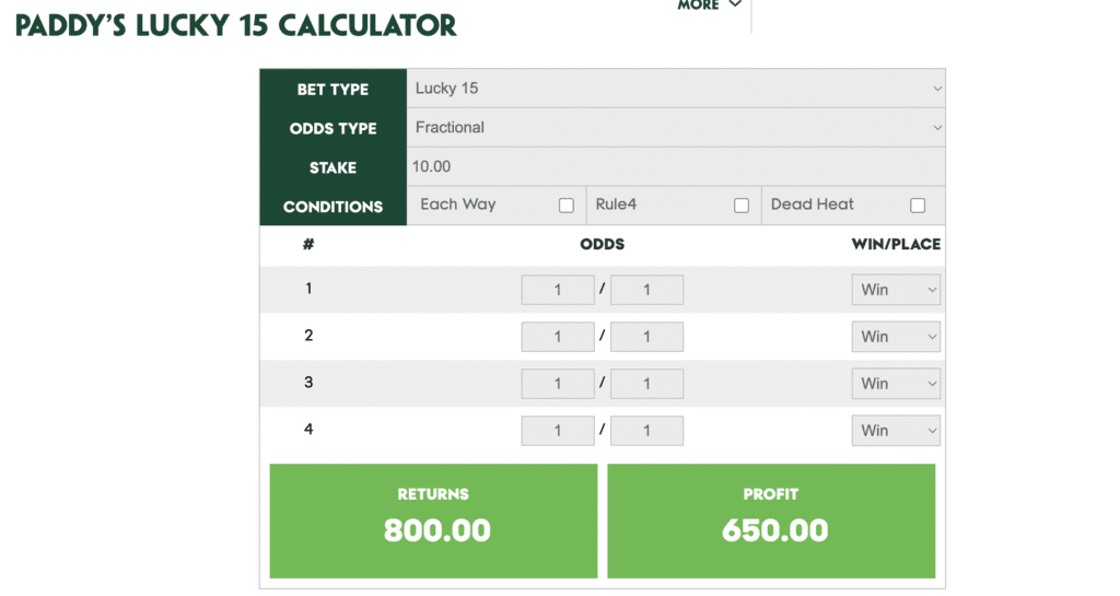 Paddy Power Lucky 15 Calculator