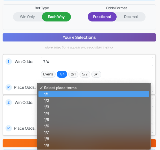 Place Odds on Each Way Bets on lucky 15 Calculator