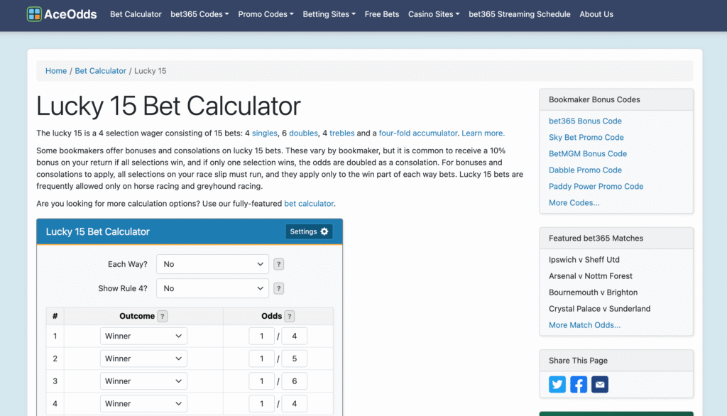 Ace Odds Lucky 15 Calculator