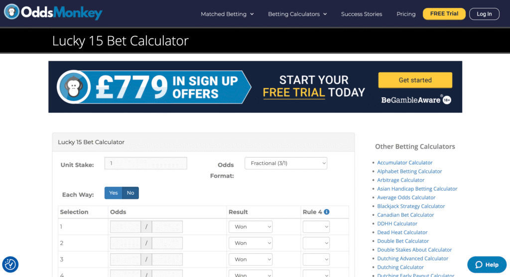 Odds Monkey Lucky 15 Calculator