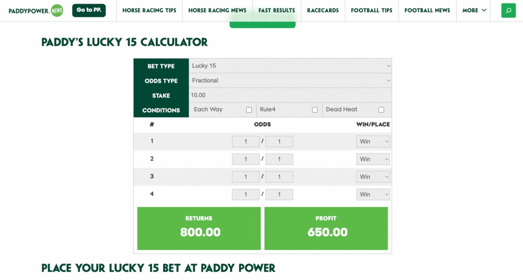 Paddy Power Lucky 15 Calculator Whole Page