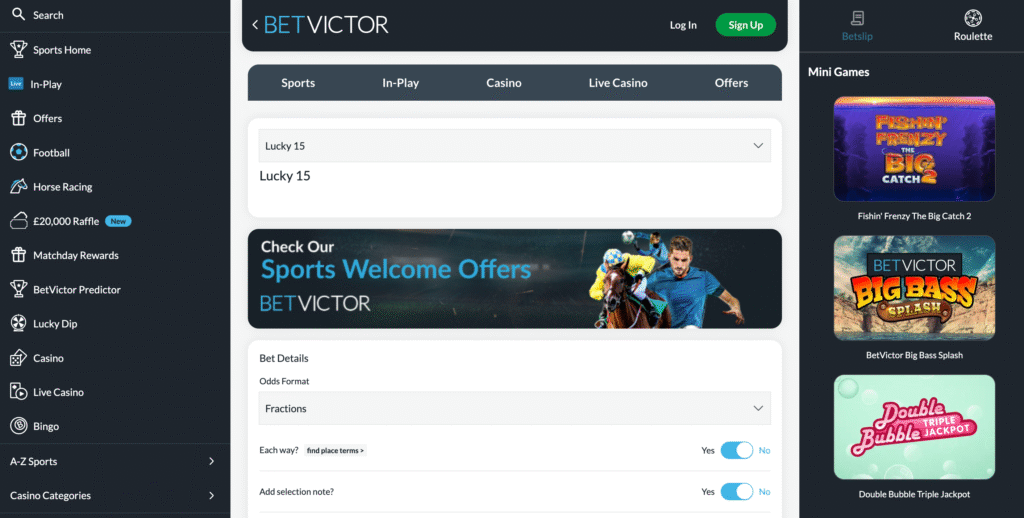 BetVictor Lucky 15 Calculator Page