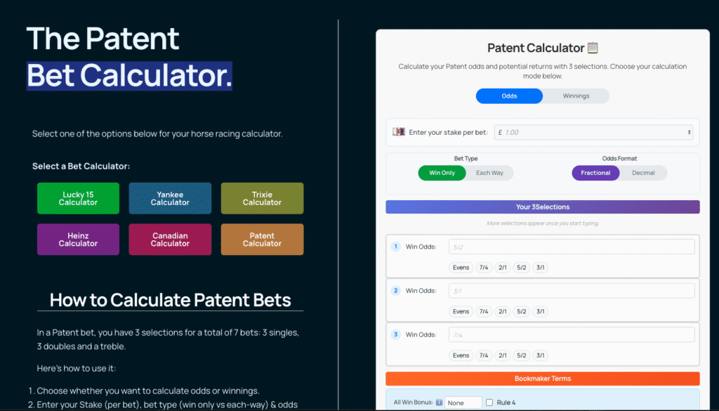 Patent Bet Calculator on Lucky 15 Calculator